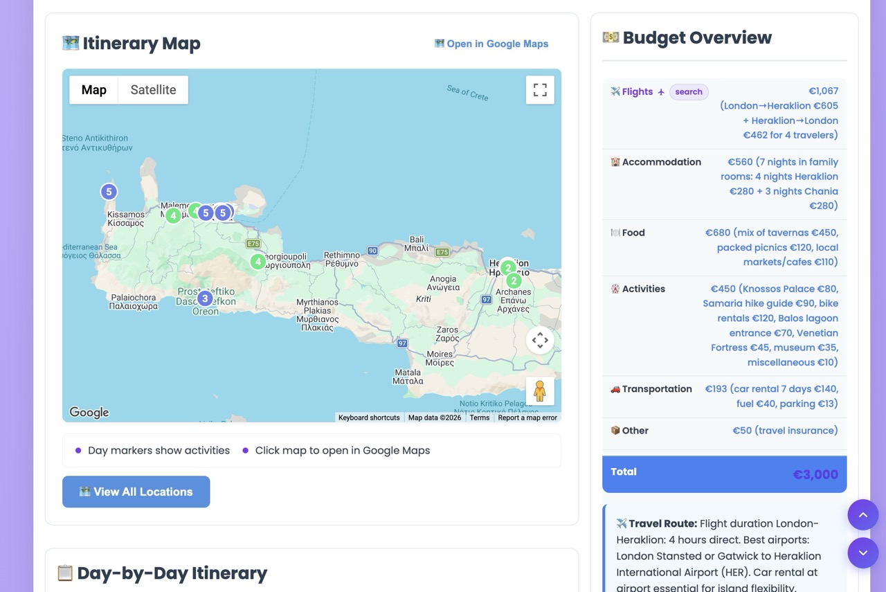 Itinerary map of Crete and full budget overview