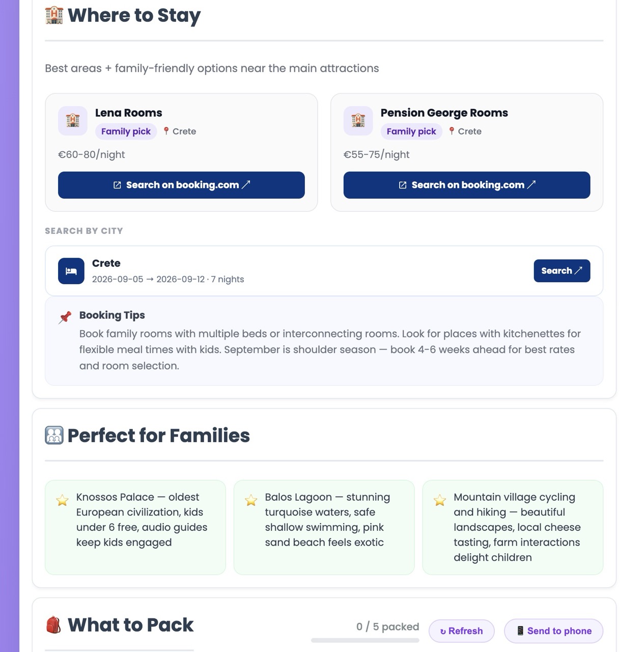 Where to stay: named family-friendly rooms with booking.com links