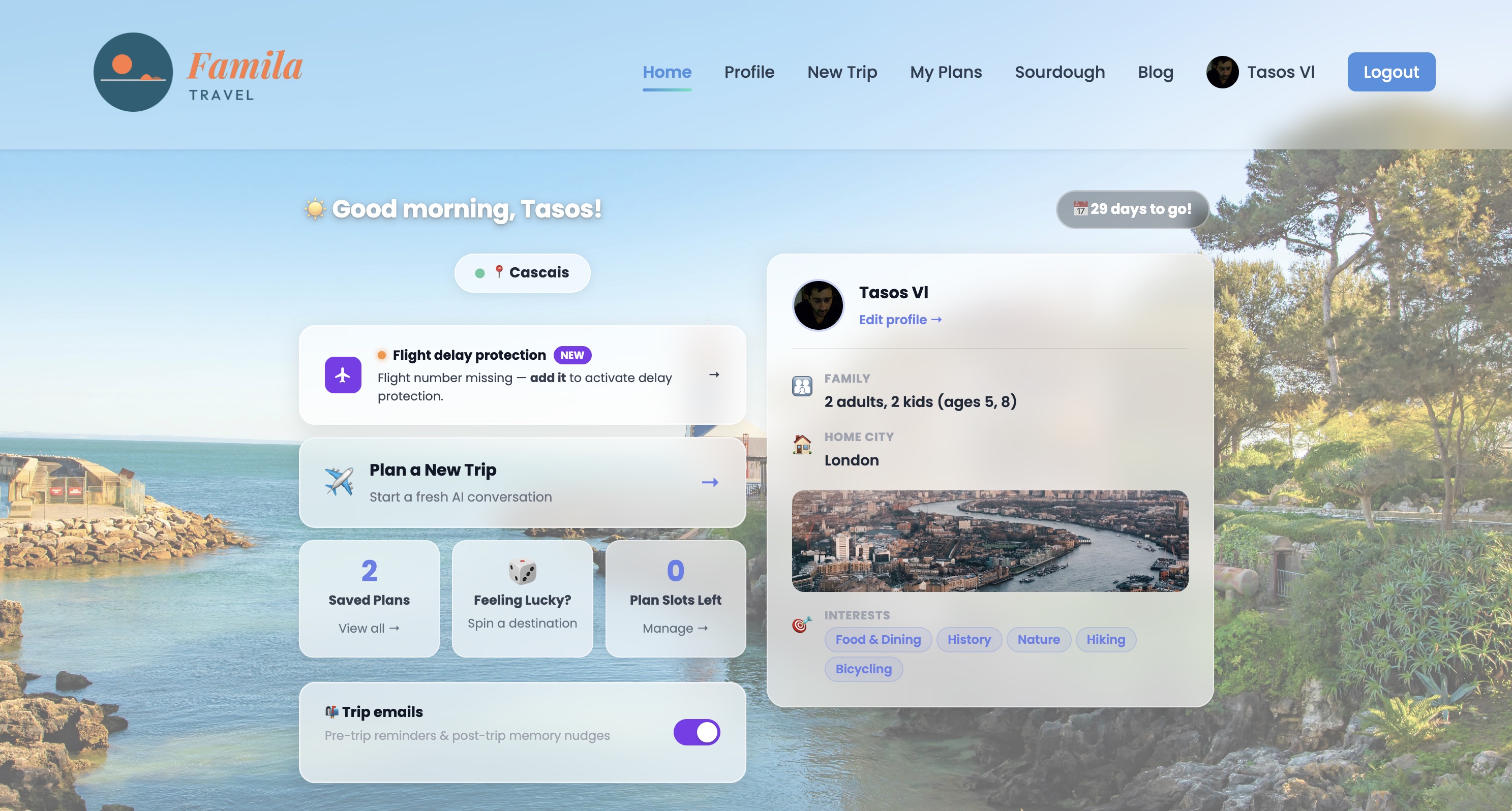 Dashboard with flight delay protection, trip emails toggle, and saved family profile