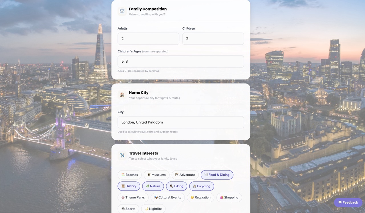 The input form: family composition, home city, travel interests