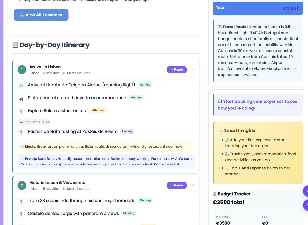 Day-by-day itinerary detail with timed activities, meal notes and a built-in nap window