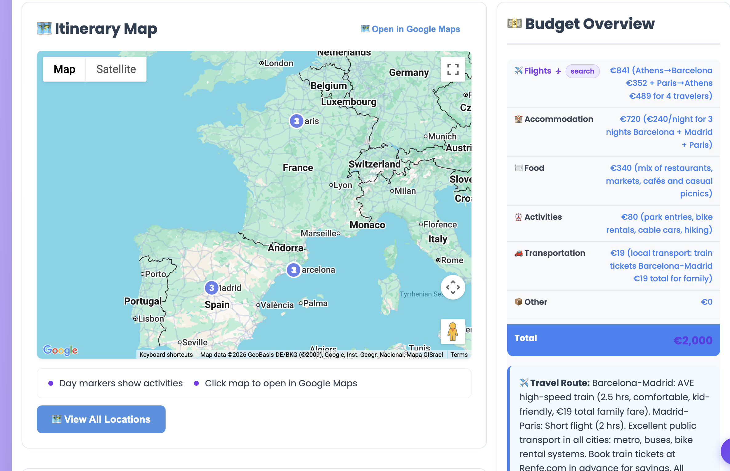 Itinerary map and budget overview