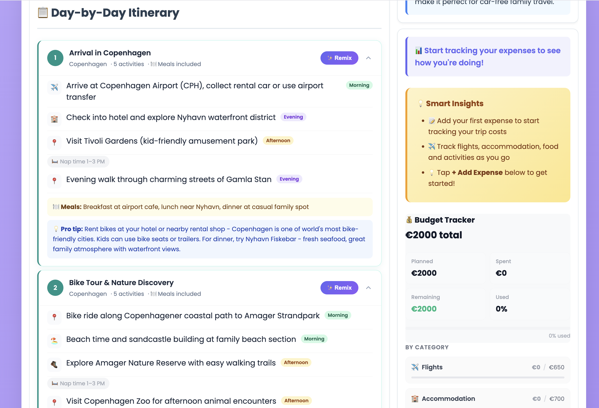 Day-by-day itinerary with remix feature