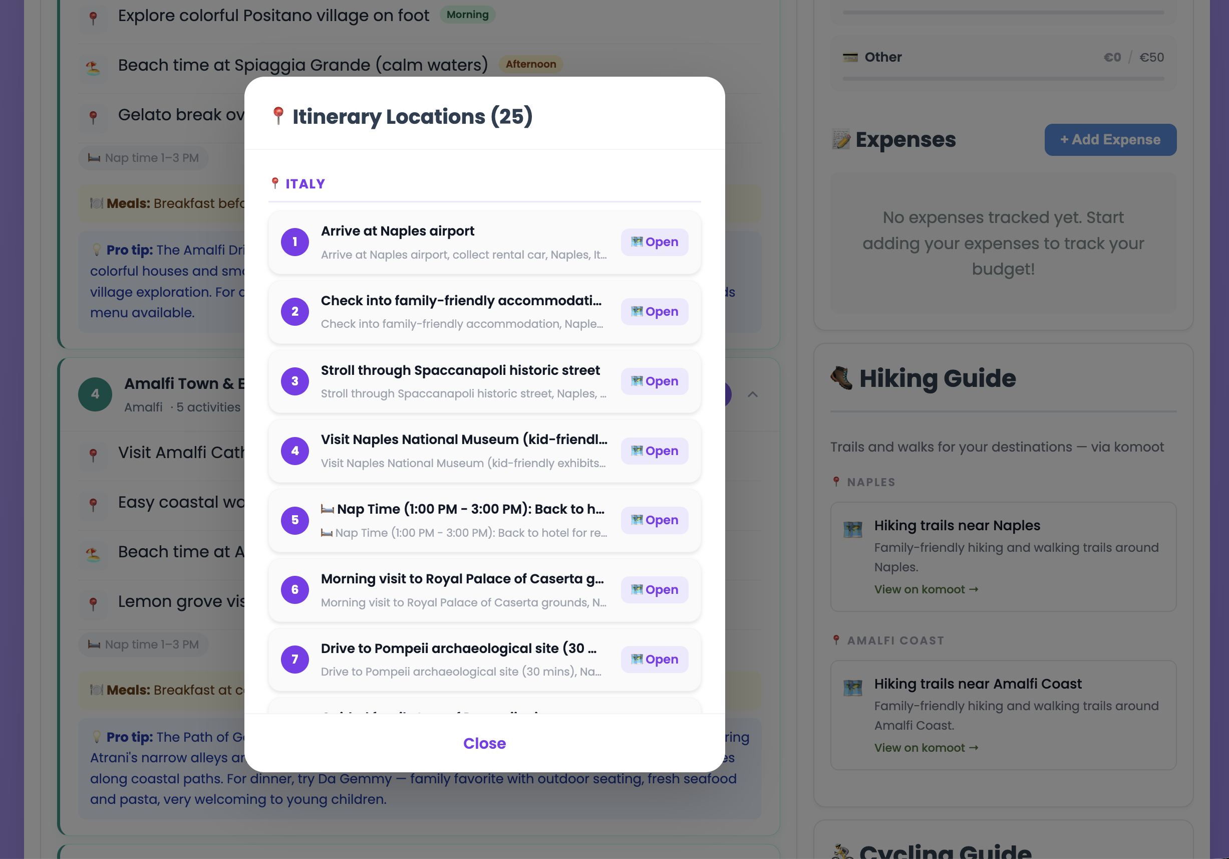 Itinerary locations list