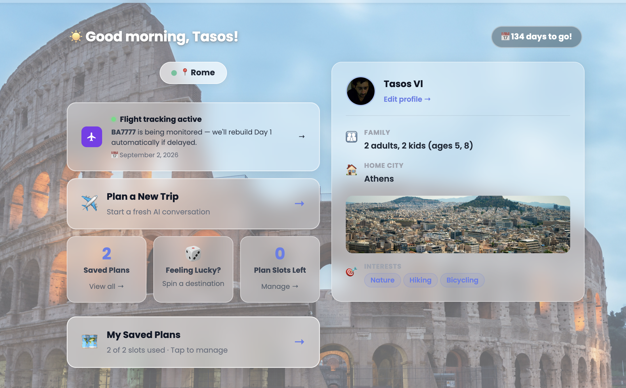 Dashboard with Rome destination