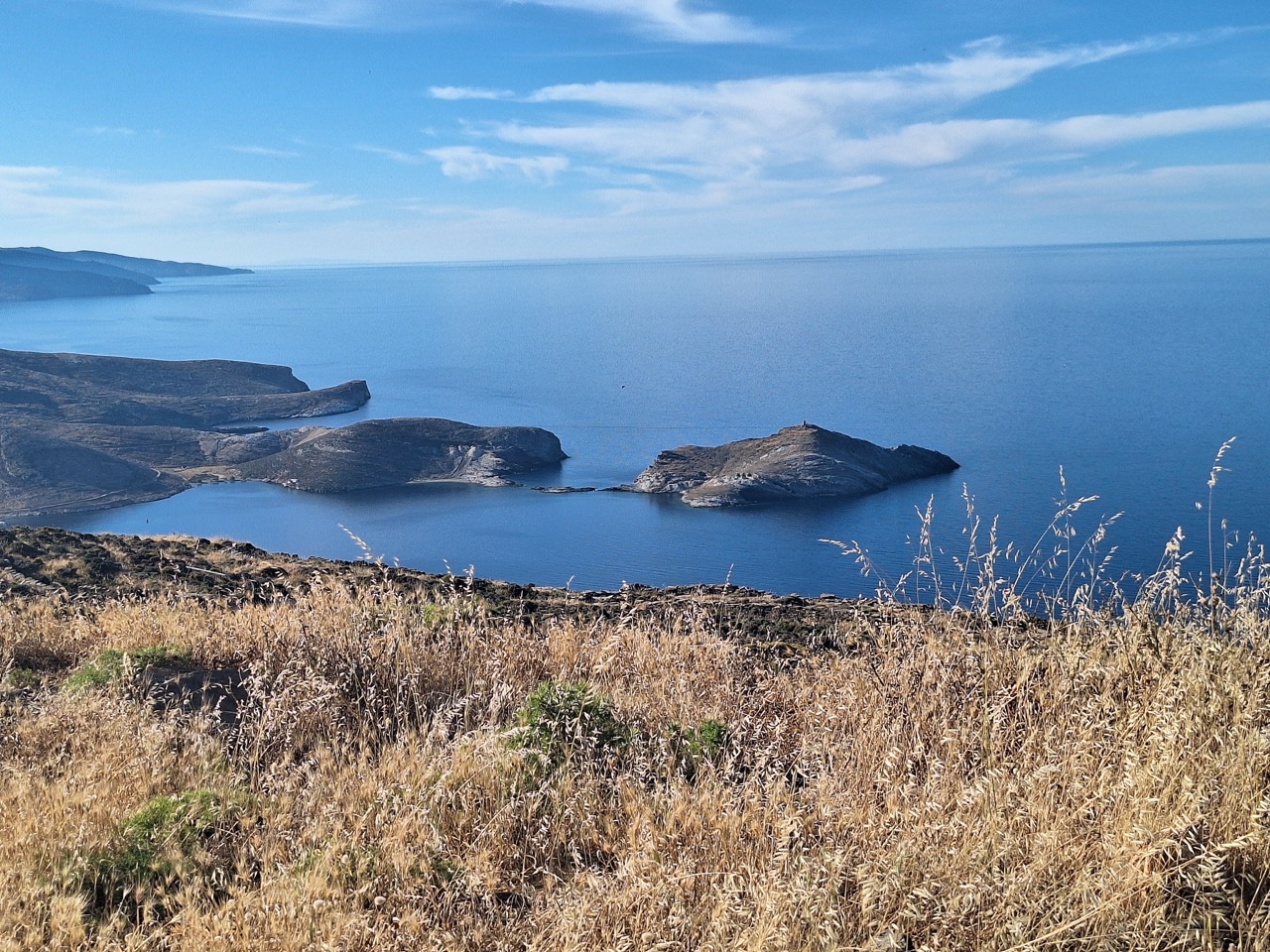 Coastal panorama looking toward Planitis peninsula in Panormos, Tinos, with dry summer grass in the foreground