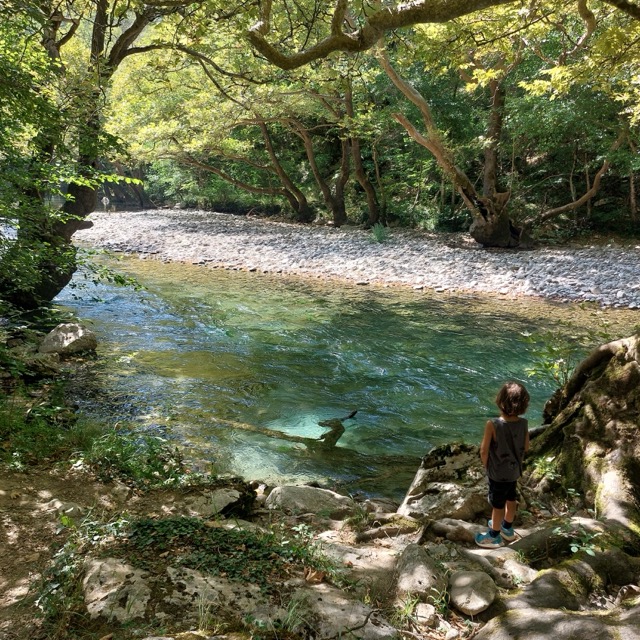 A child in a grey T-shirt standing on a small rocky ledge above a bend of the Voidomatis river, the water an intense turquoise-green