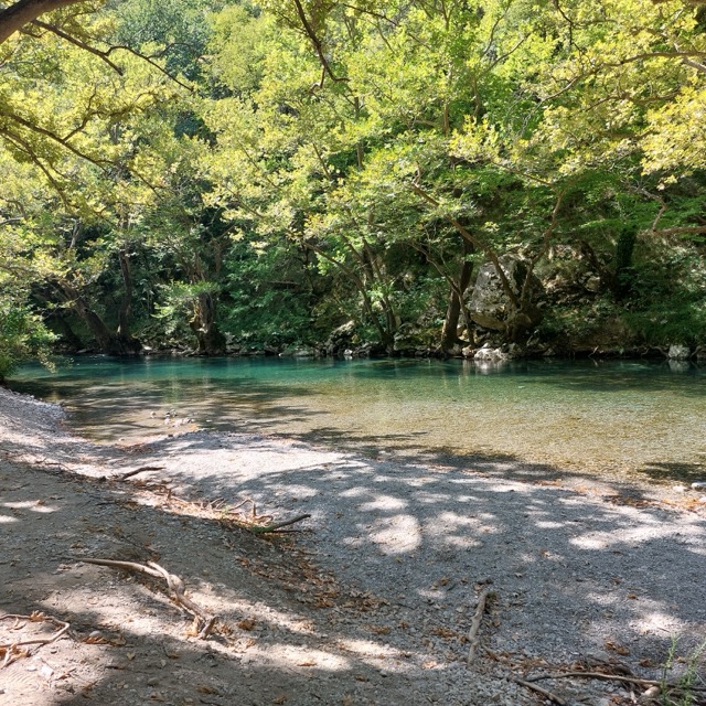 A soft sand-and-pebble beach curving along a bright turquoise stretch of the Voidomatis, with plane trees leaning over the water