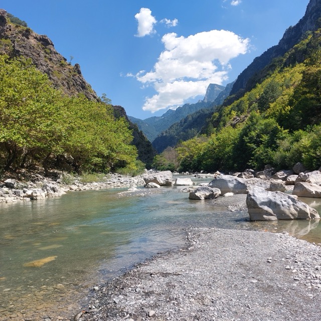 A wide stone-strewn riverbed of the Aoos in a green gorge, with a distant sharp limestone peak visible at the end of the valley under a blue sky